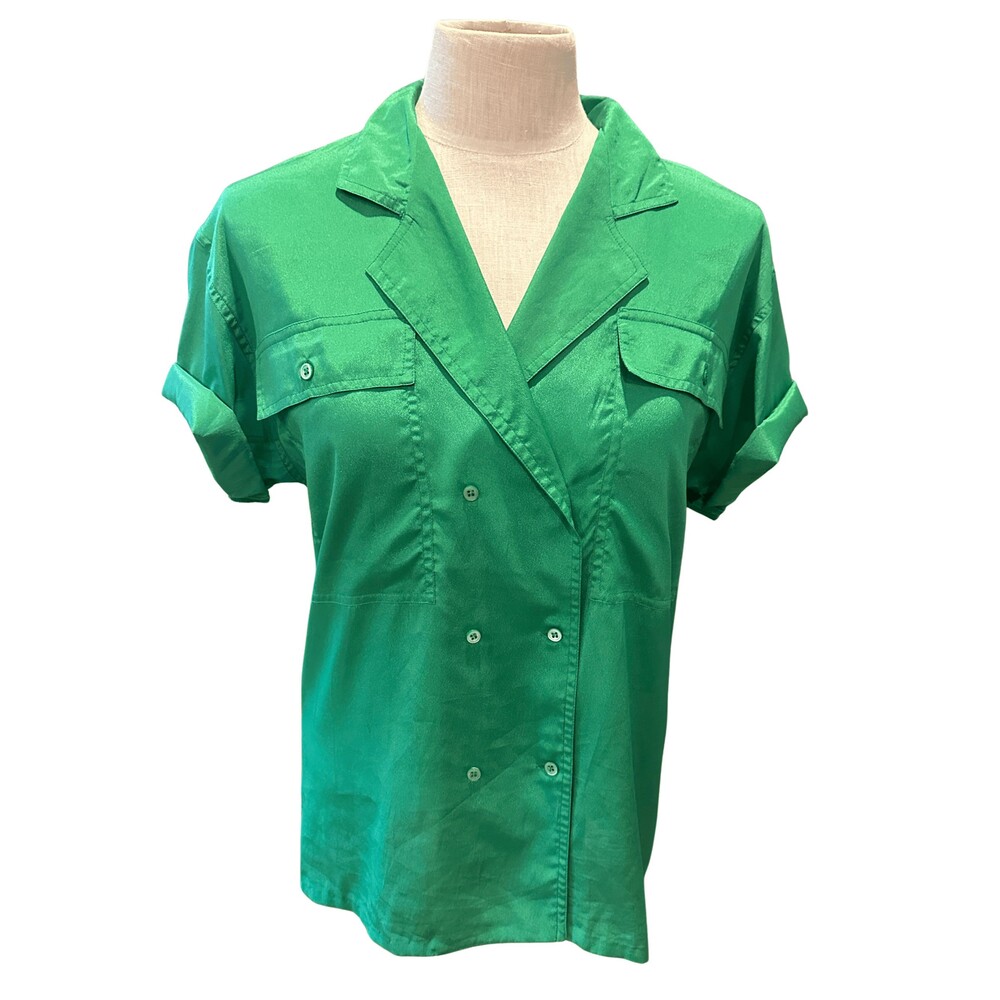 Vintage 80s Liz Claiborne Green Blouse Safari Double Breasted